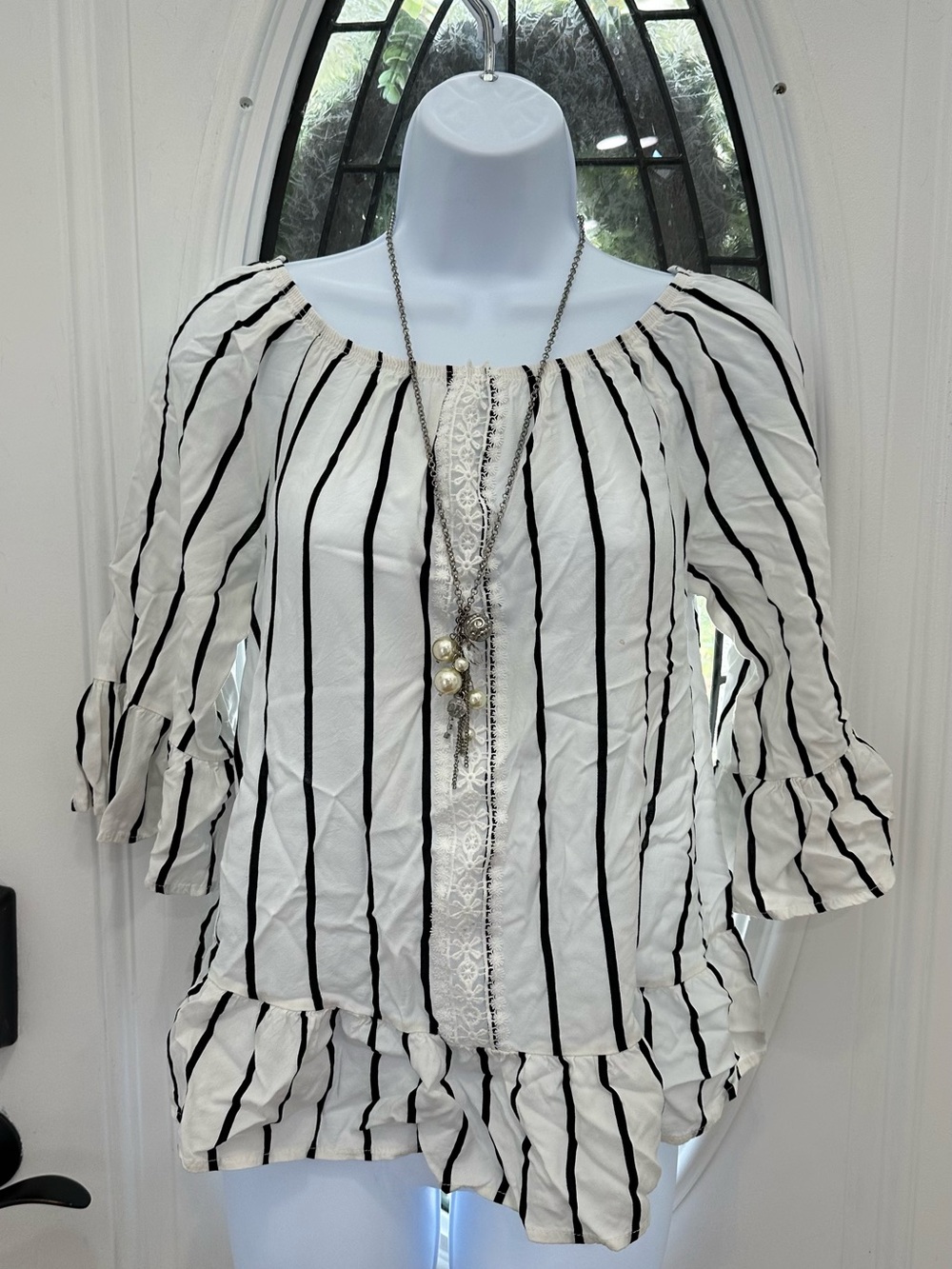 Boho off shoulder White & Navy Stripe Ruffle Peasant Top PM